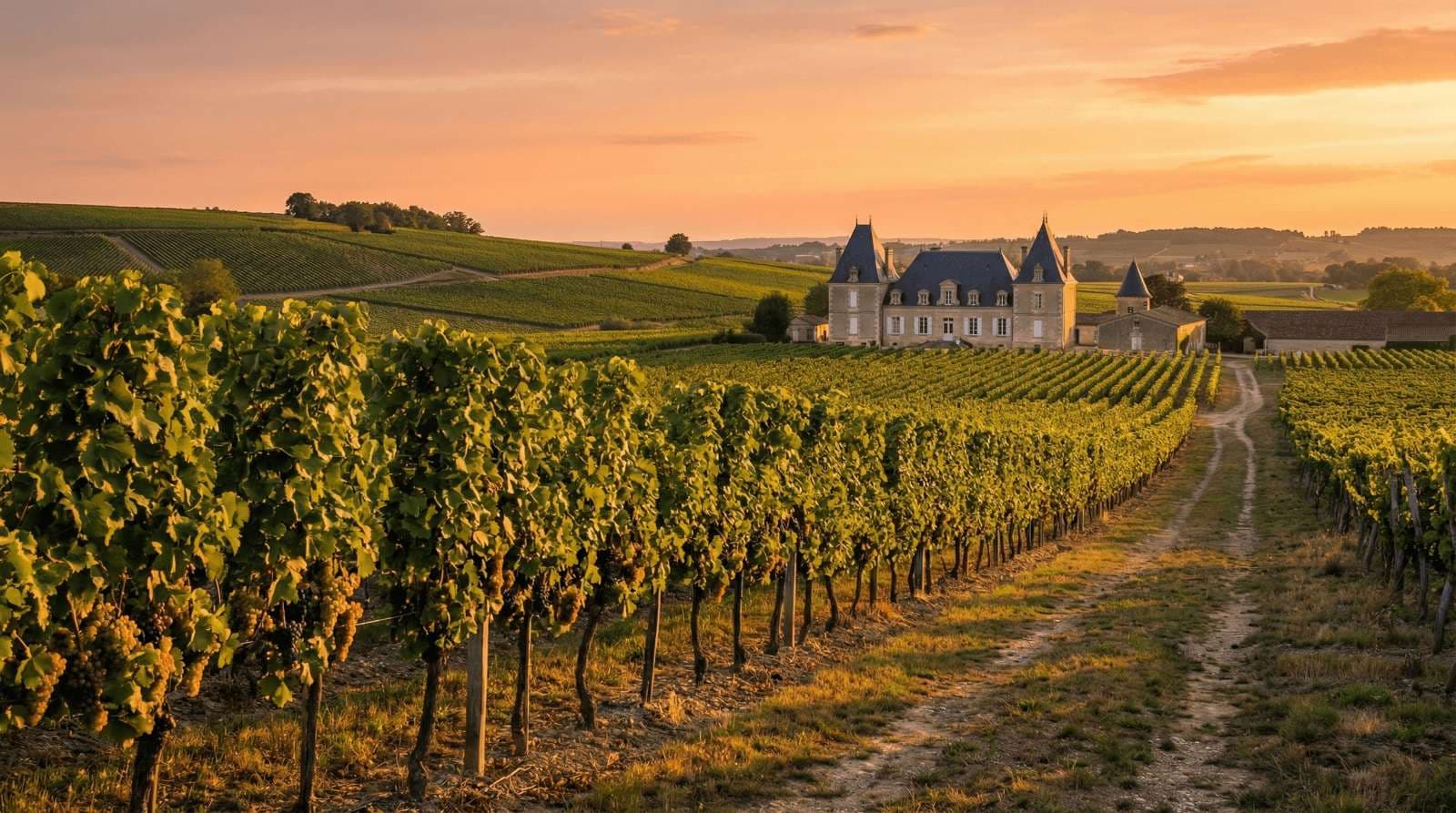 Bordeaux vineyards with château during golden hour